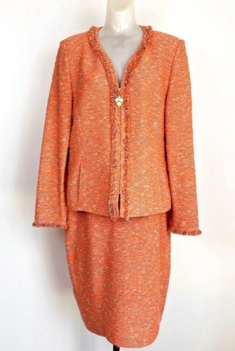 St. John Marie Gray Peach Fringe Knit Blazer Skirt Suit 4 Made USA